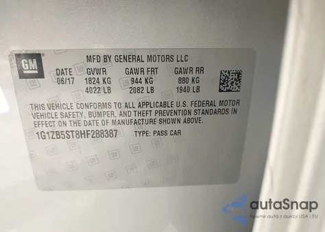 2017 Chevrolet Malibu Ls z USA, uszkodzony, nr VIN 1G1ZB5ST8HF288387